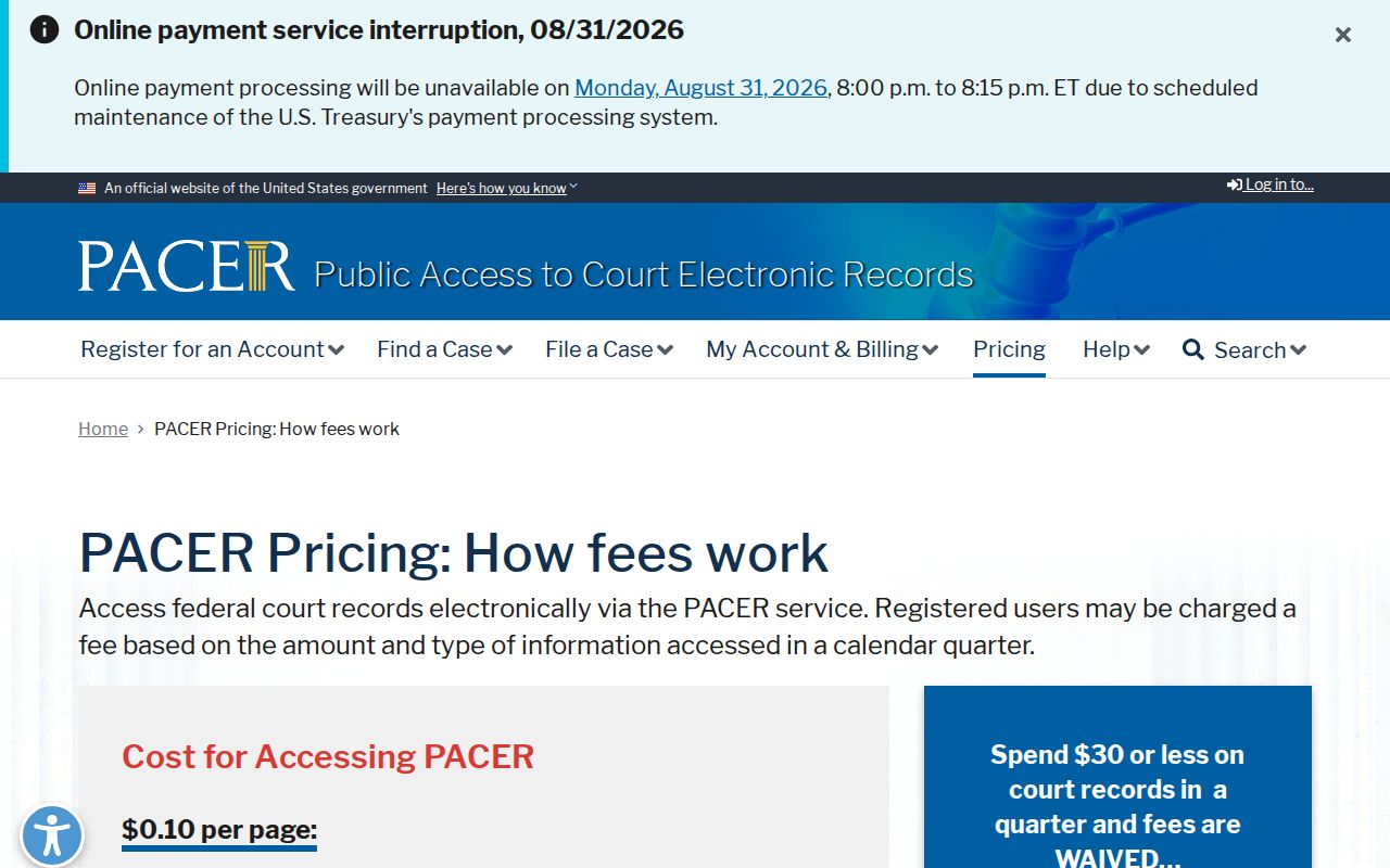 Lee County case search reference to PACER fee information