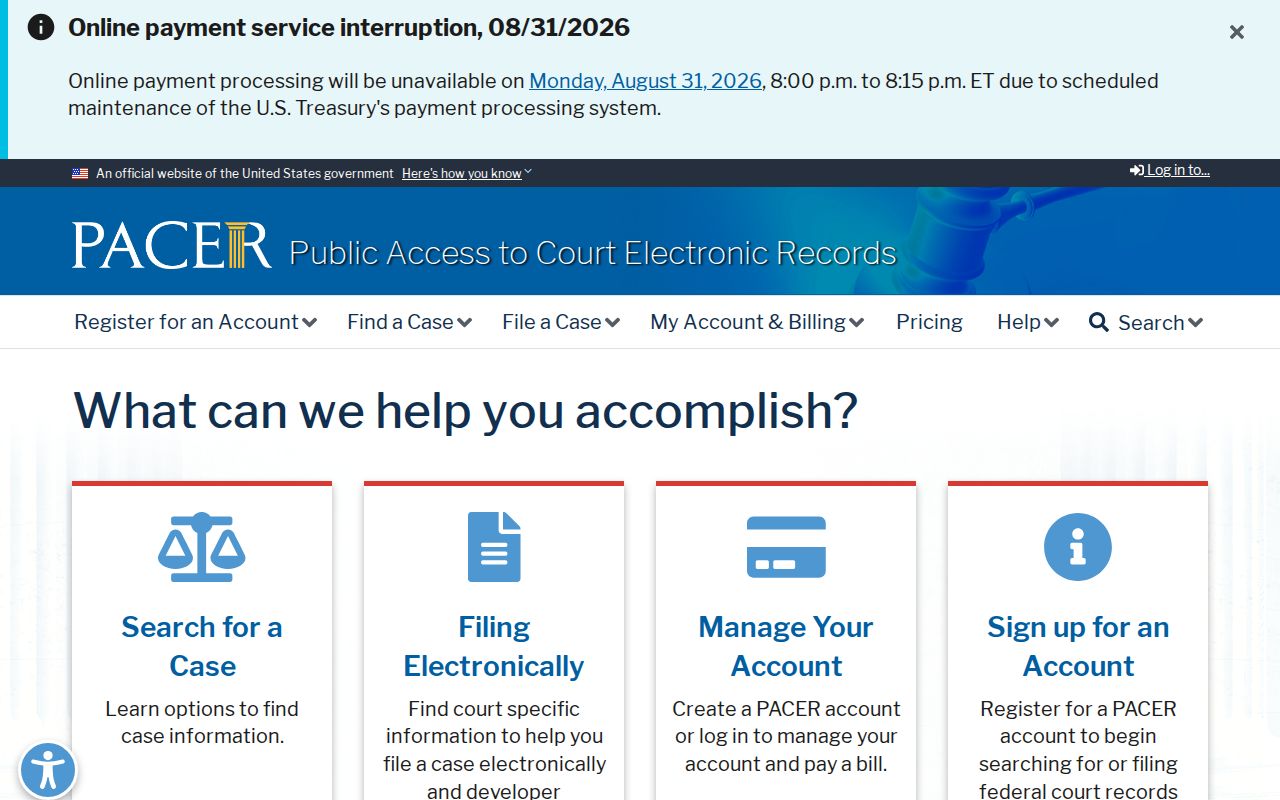 Lee County case search reference to the PACER federal court access page