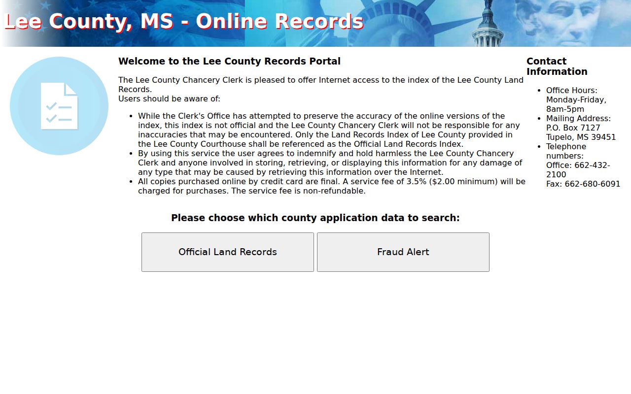Lee County civil docket and separate Chancery land-record index screen