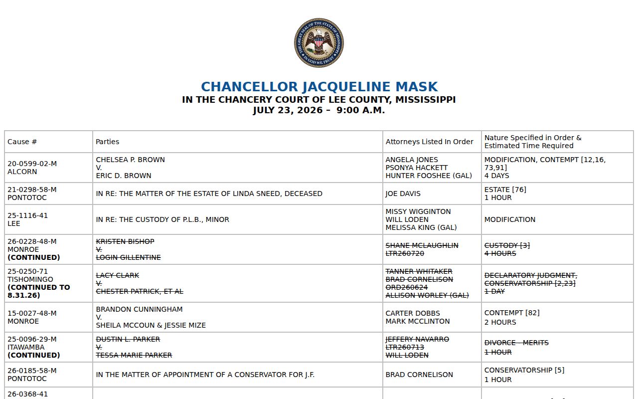 Lee County court calendar showing continued and settled setting labels