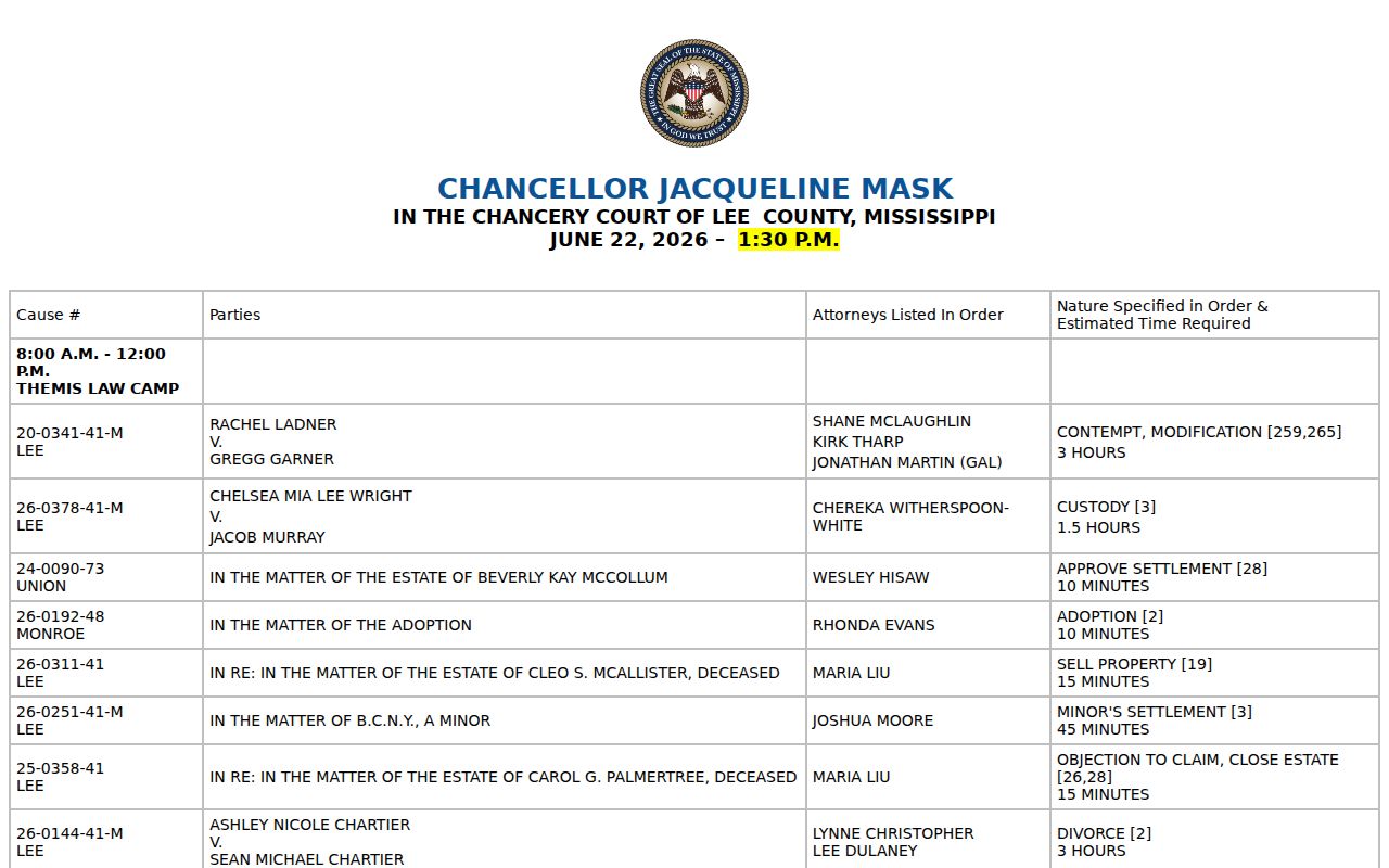 Lee County court calendar with Chancery docket headers