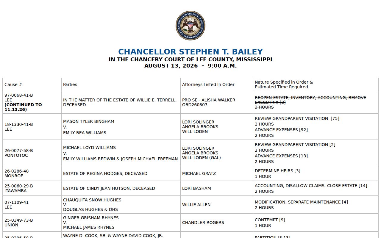 Lee County court calendar showing a Chancery setting layout