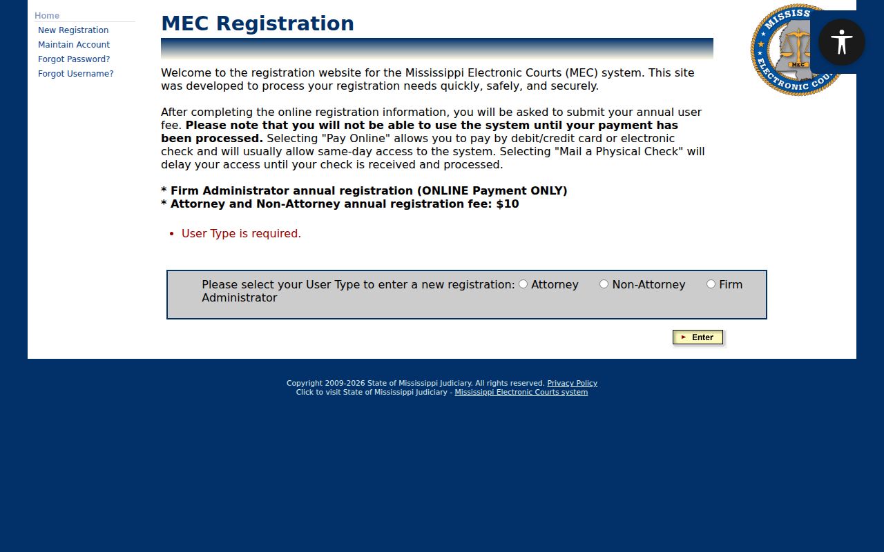 Lee County traffic court records PAMEC registration user type screen